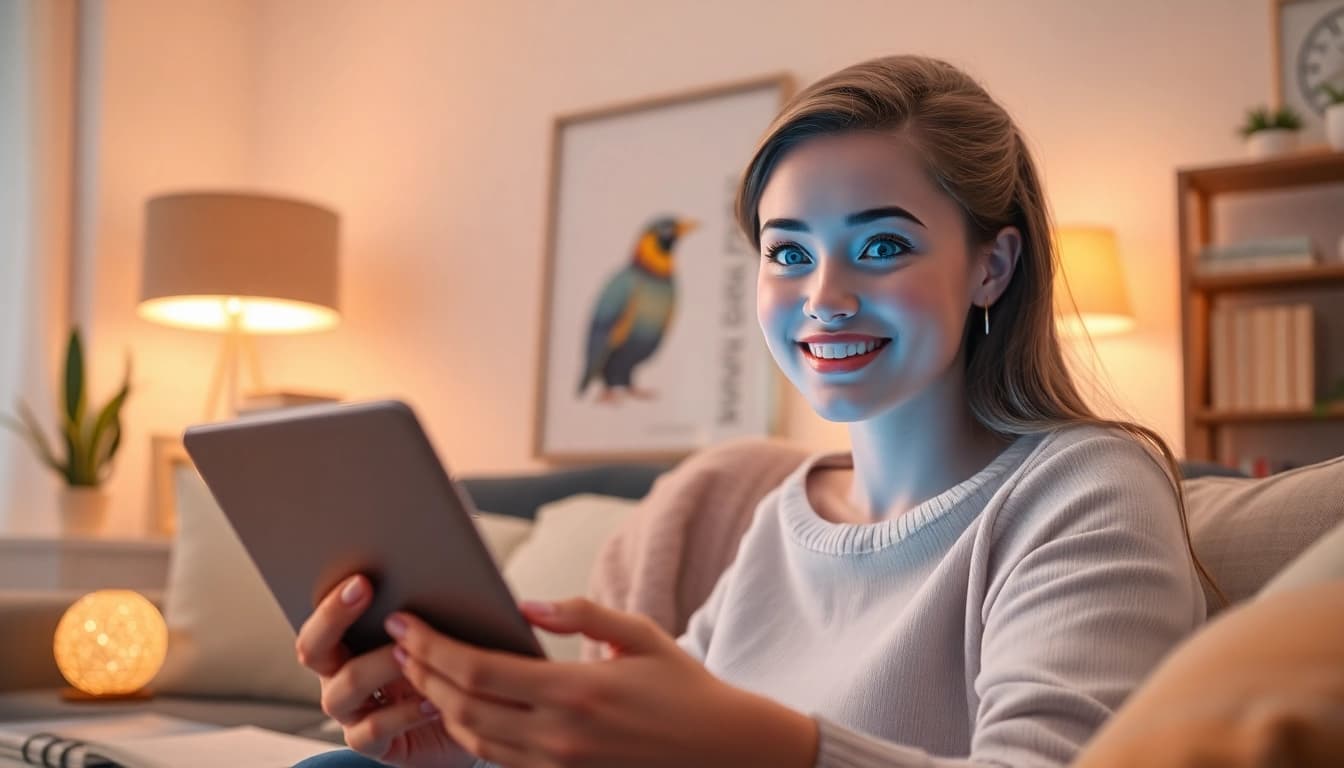 Engaging AI girlfriend interacts in a cozy, modern living room, showcasing warmth and companionship.
