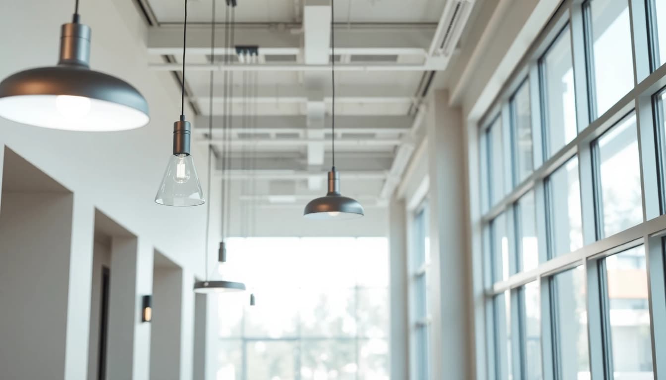 Showcasing hallway lighting fixtures that enhance a modern corridor's aesthetic.