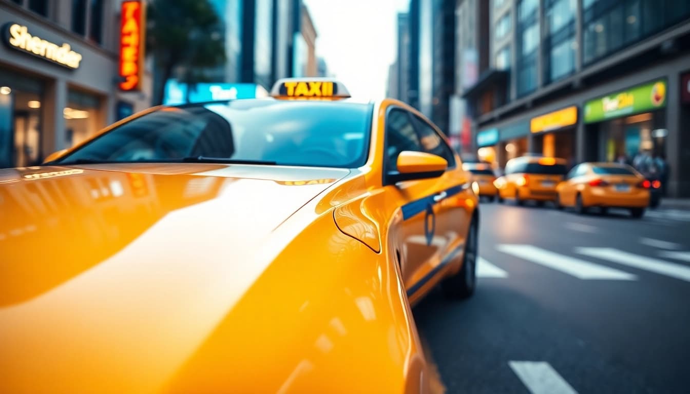 Sheerwater taxi moving through a vibrant urban street, emphasizing sleek design and city energy.