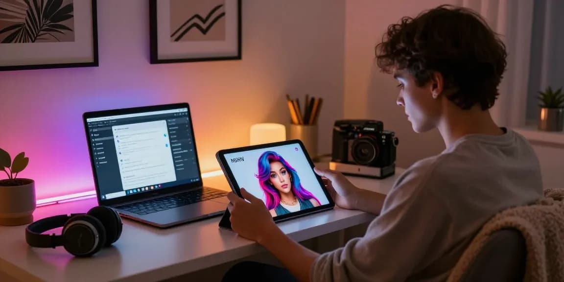 User engaging with customizable NSFW AI character on tablet in cozy digital environment, illustrating technology's intimate reach.