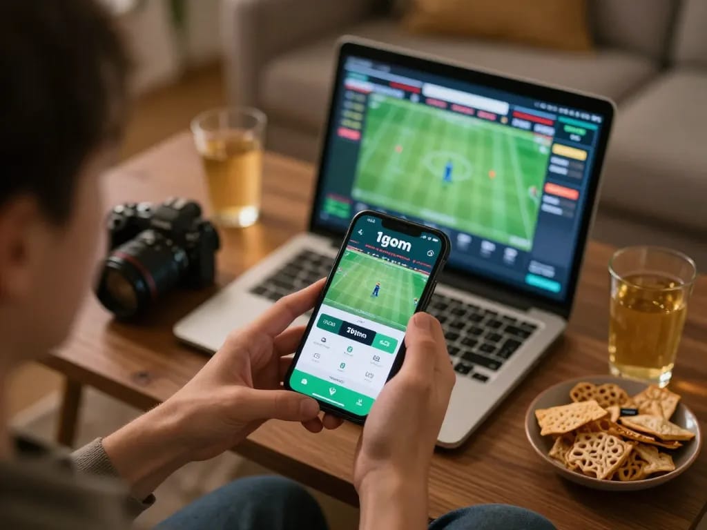 Engaged player using the 1gom app for sports betting in a cozy home setup with snacks and drinks.