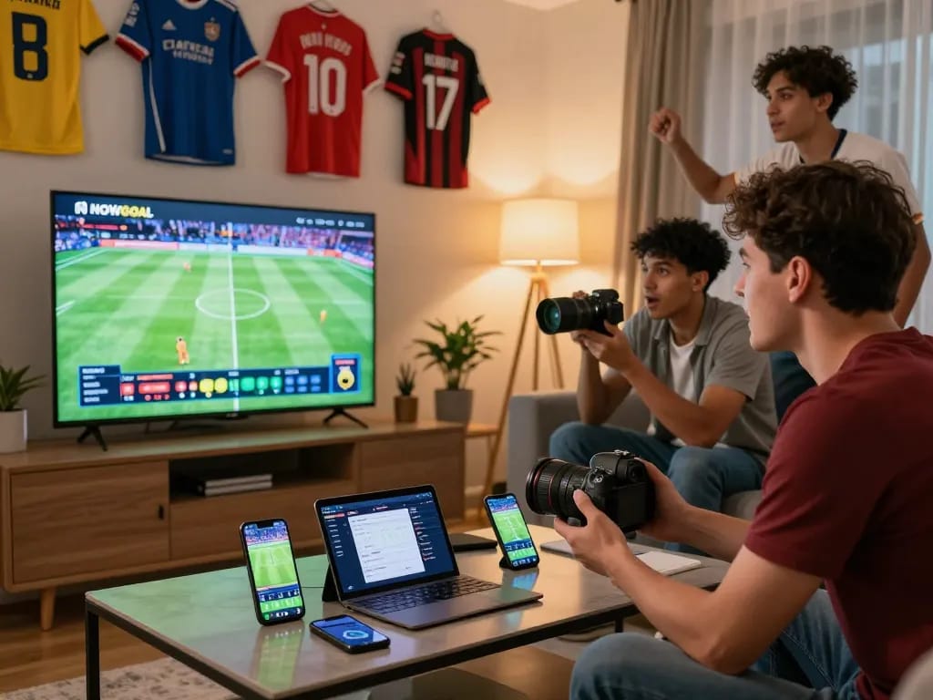 Football fan engaging with NOWGOAL live scores and statistics in a cozy setting.