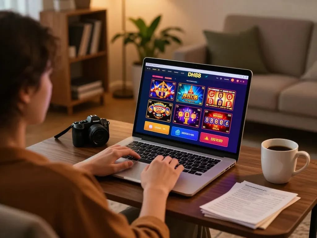 Engaged player at home using DH88 online casino, laptop displaying diverse gaming options.
