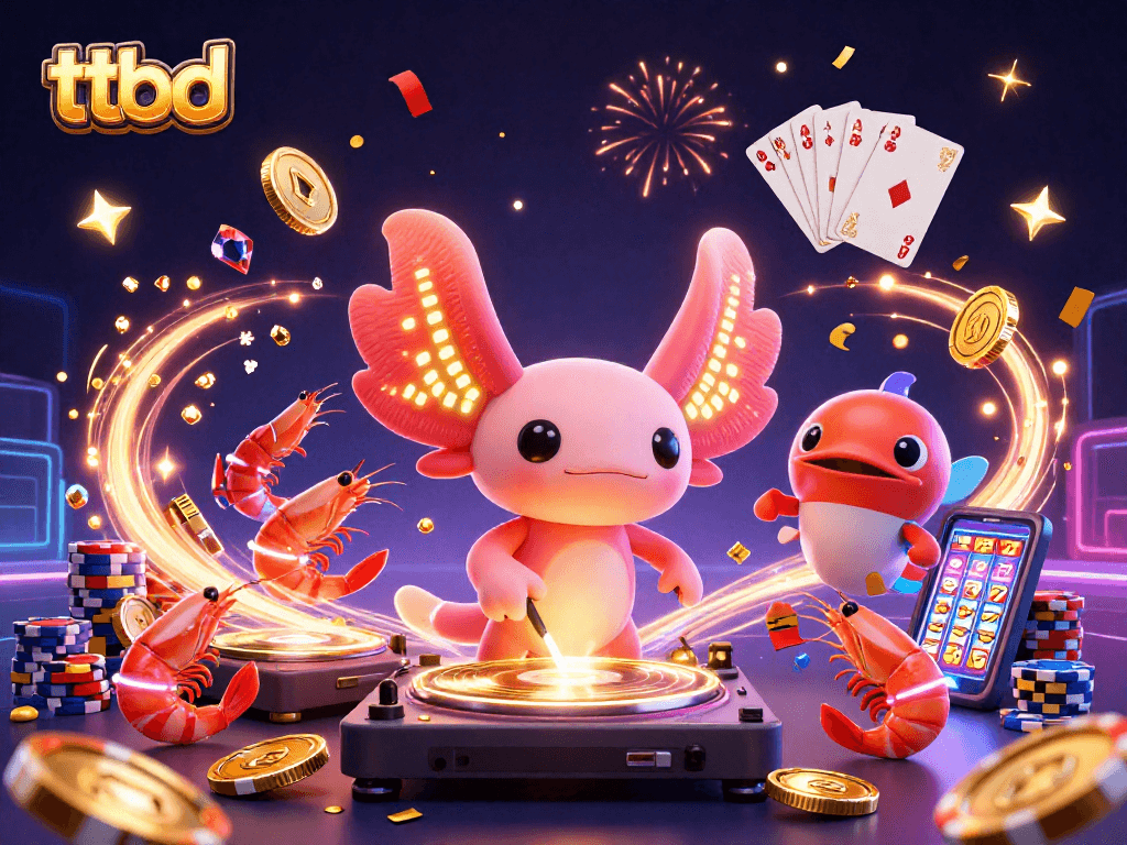 Experience ttbd joy as axolotl DJ spins winning vibes with coins and cards in a dynamic casino scene.