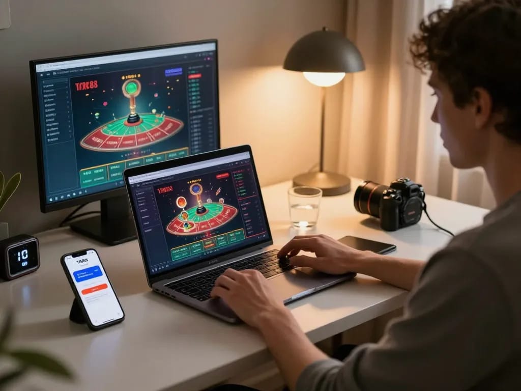 Player enjoying casino games on laptop with TR88 COM app visible, showcasing online gambling atmosphere.