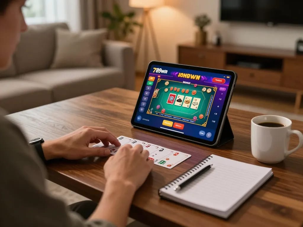 Player enjoying a card game on 789win app in a cozy at-home setting.