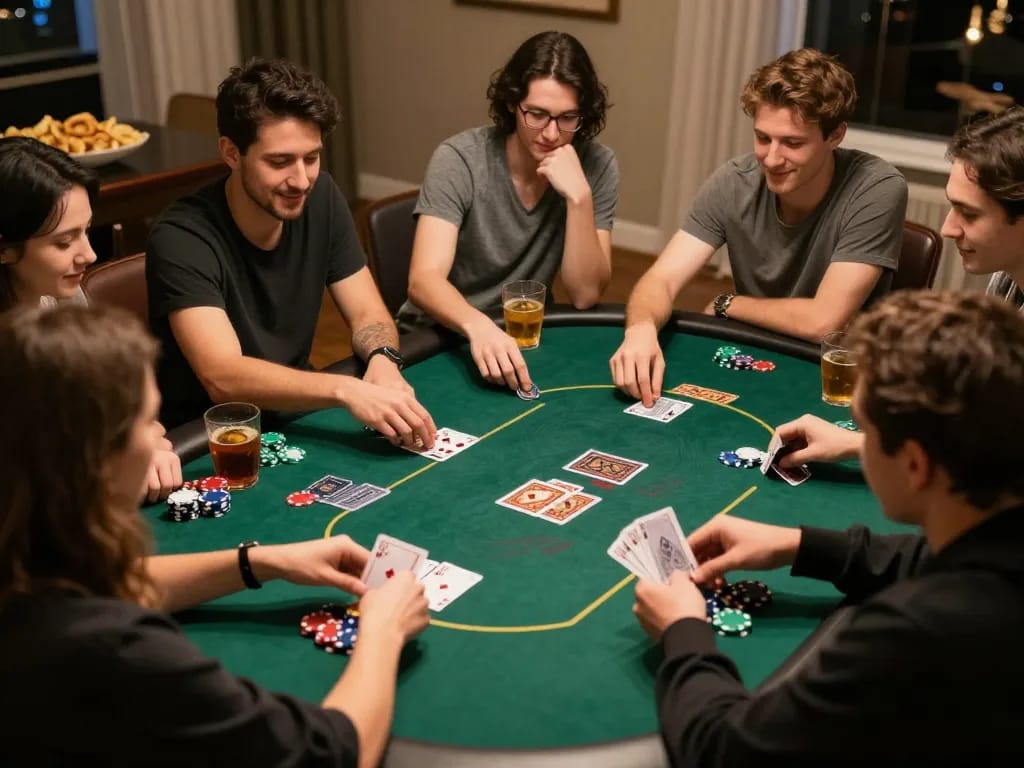 Twin68 players enjoying an exciting home poker night filled with laughter and strategy.