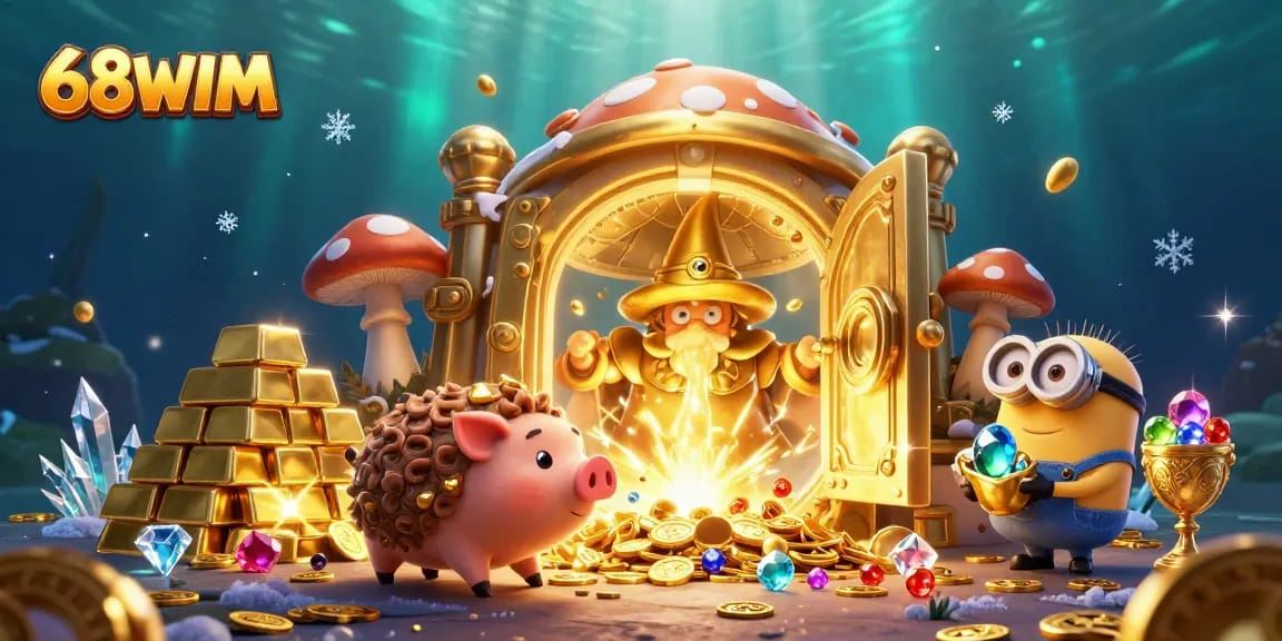 Engage with the magic of 68WIM, where treasures burst forth with golden potential in a charming 3D casino scene.