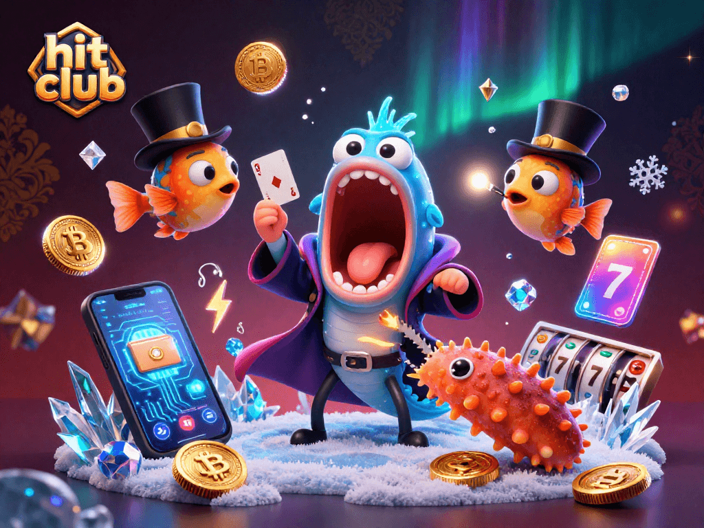 Engage in thrilling games at the hit club featuring vibrant characters, casino elements, and crypto icons.