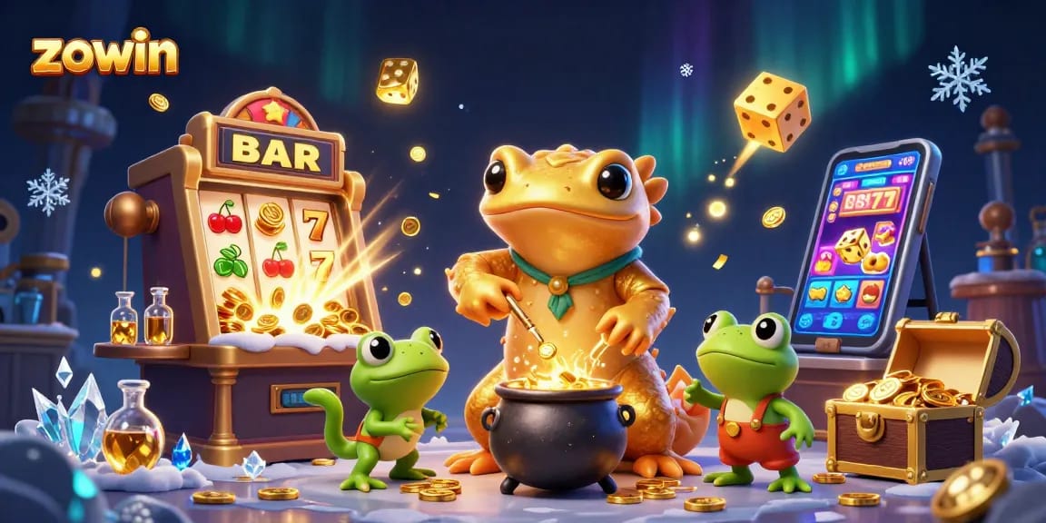 Zowin's vibrant casino scene features enchanting elements like golden coins and a slot machine jackpot.