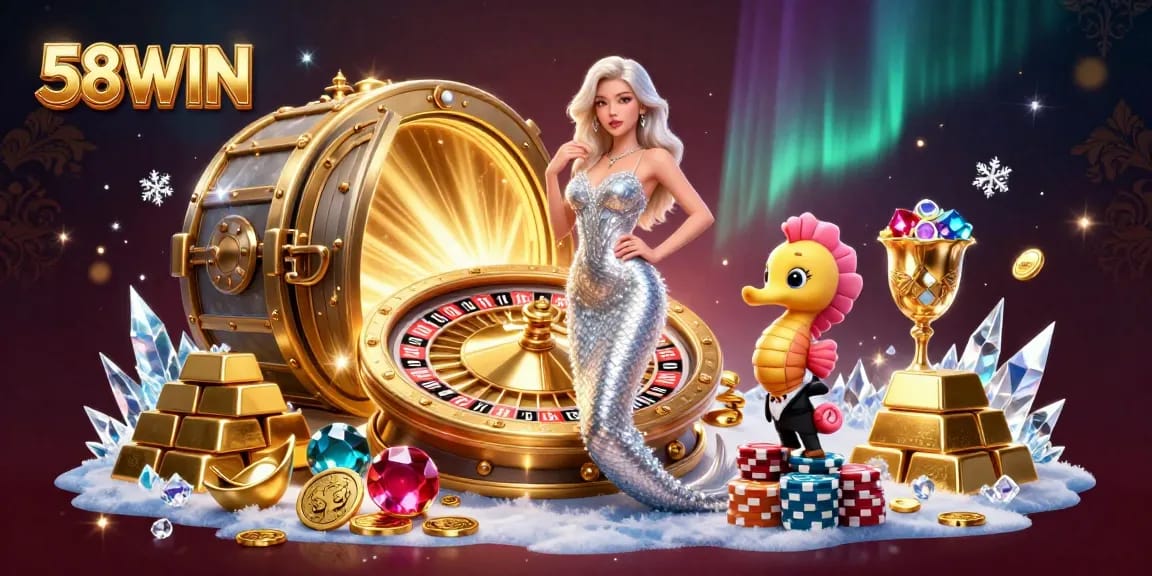 Experience the thrill of 58WIN with stunning visuals of a mermaid and seahorse by a golden roulette wheel.