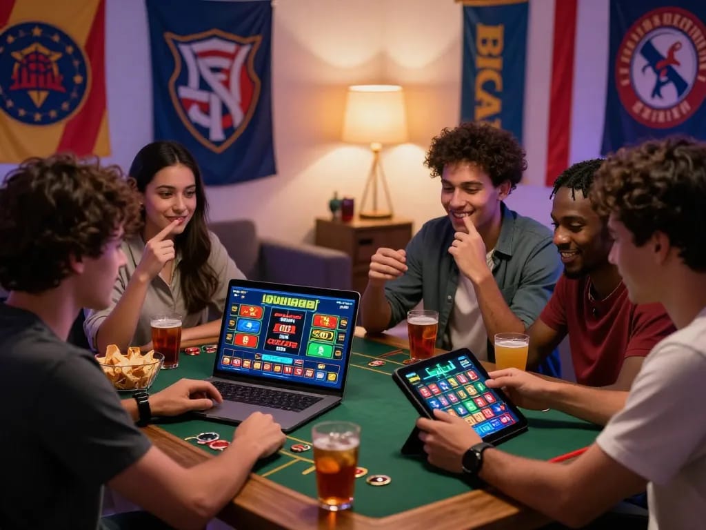 Friends enjoying online betting at https://rikbet.in.net/ during a lively game night.