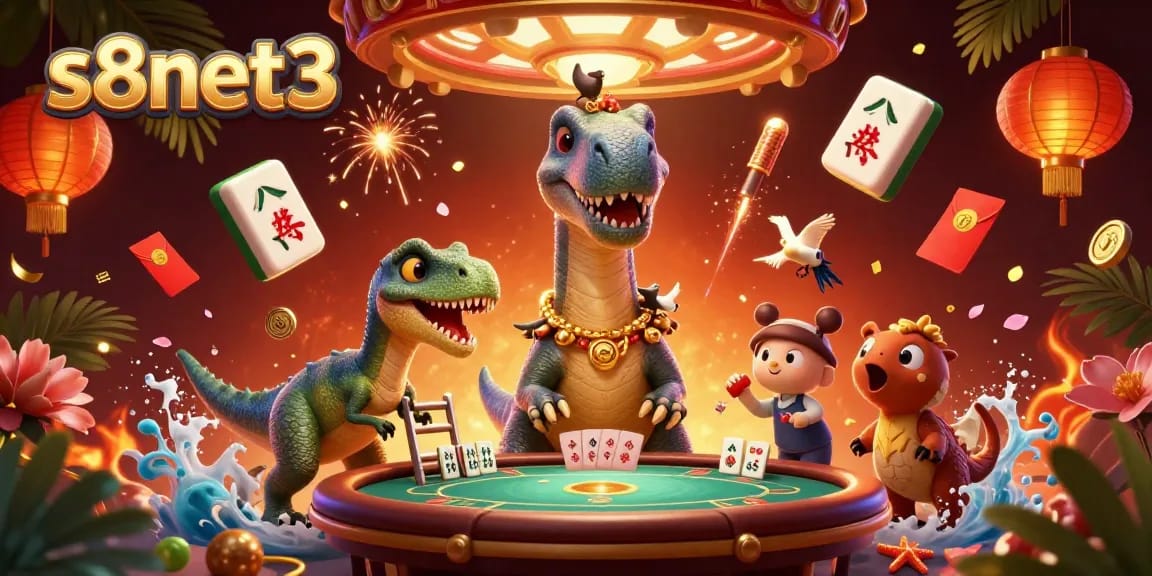Engage in the exciting world of casino with s8net3, featuring a massive brontosaurus overseeing a poker table and a clever raptor dealing cards.