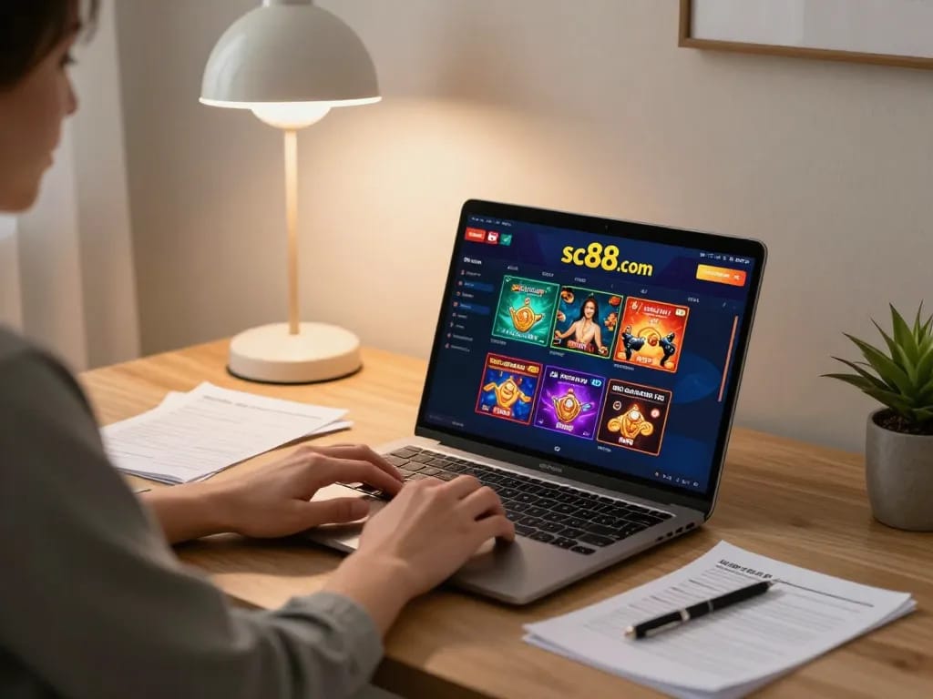 Playing games on sc88.com in a stylish home office setting with strategic notes and vibrant graphics