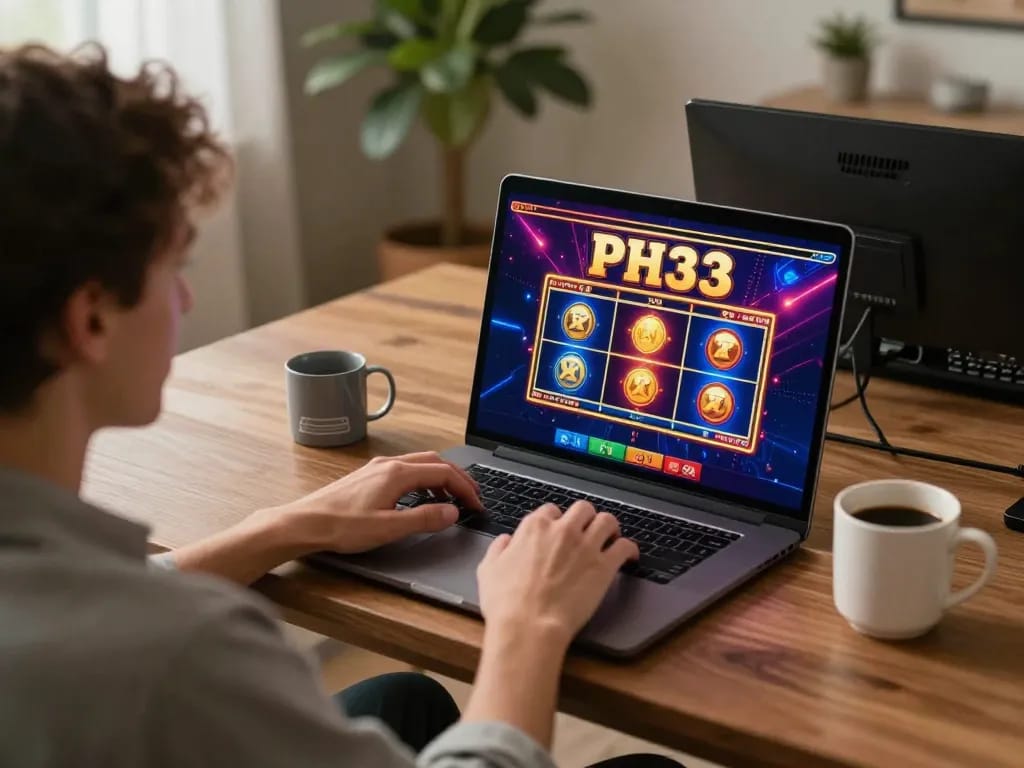 Play exciting slots at PH33 from home with a cozy gaming setup and vibrant screen.