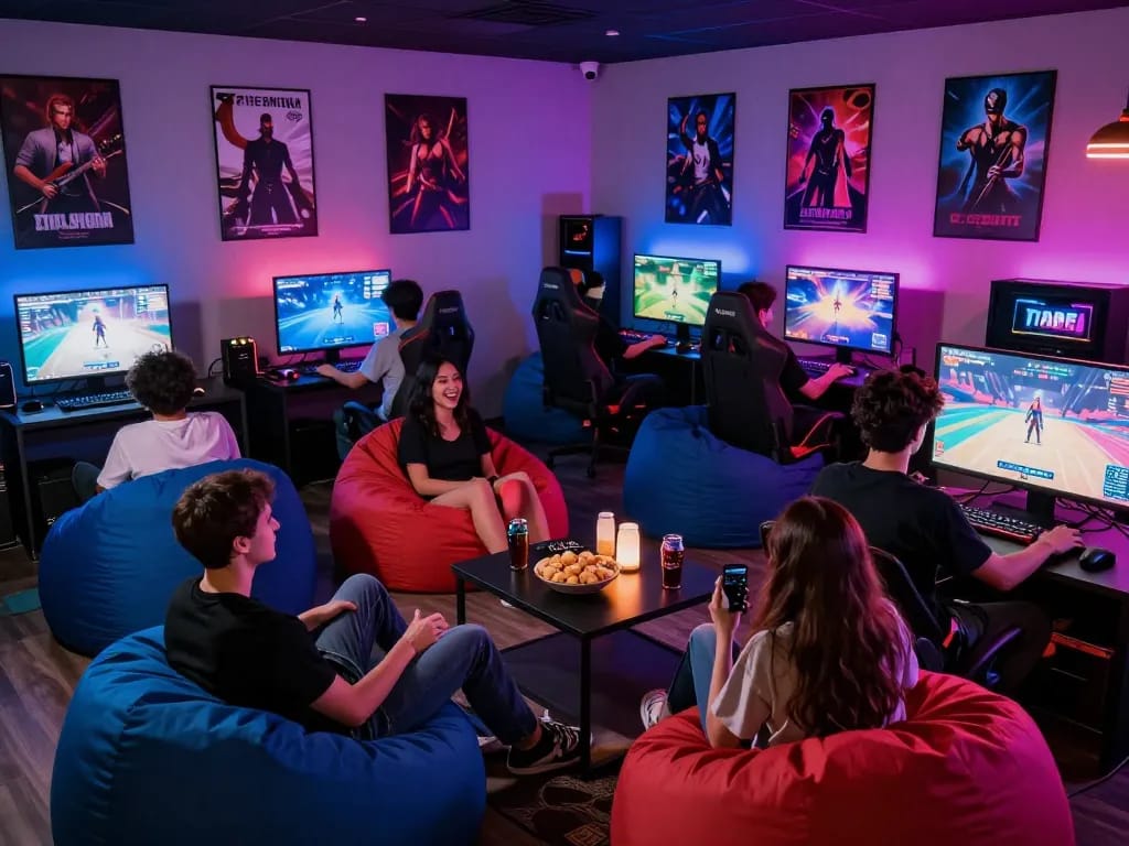 Friends enjoying a lively session of various porn games in an adult gaming lounge.