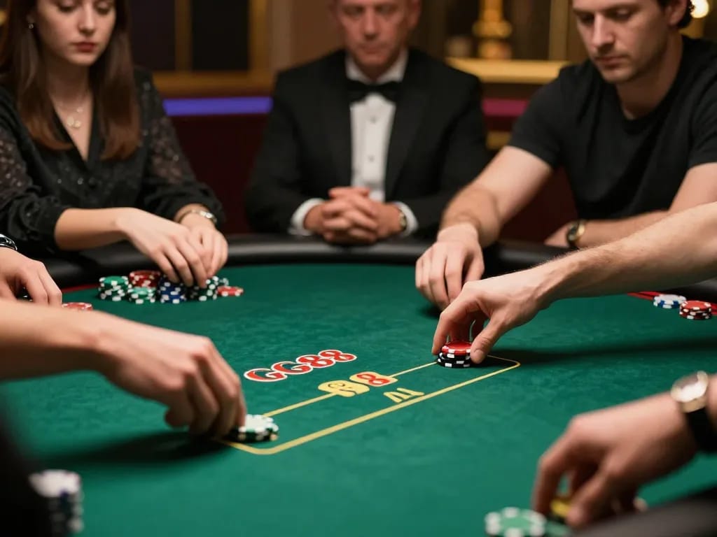 Player makes a strategic bet at GG88 vip poker table, showcasing colorful chips and intense gameplay atmosphere.