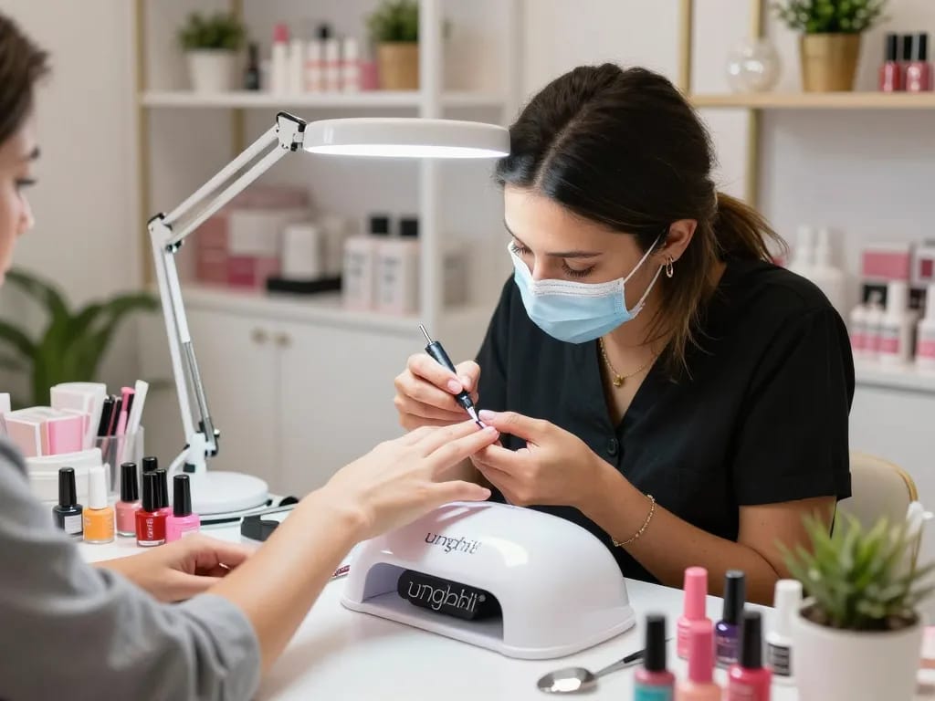 Un tehnician profesionist pentru unghii utilizând un kit unghii gel pentru o manichiură perfectă, înconjurat de produse colorate pentru unghii și o ambianță modernă de salon.