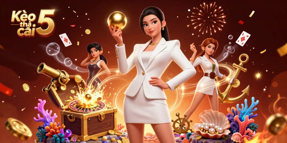 Kèo nhà cái 5 showcases vibrant casino scene with Asian woman holding roulette ball amidst confetti.