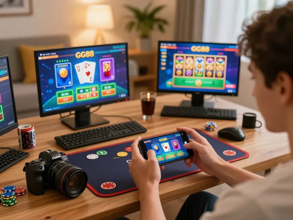 Player enjoying GG88 mobile gaming experience in a cozy living room, showcasing vibrant gameplay.