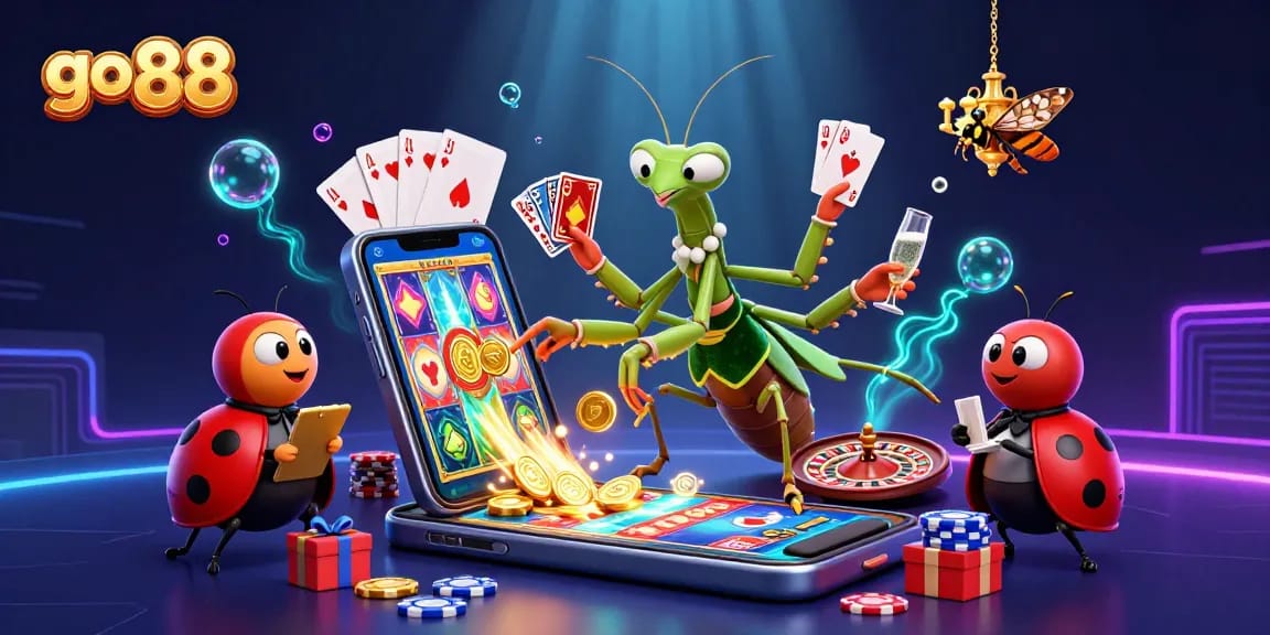 Engage with go 88's vibrant casino scene featuring a mantis card sharp, rewarding slots, and dynamic gaming elements.