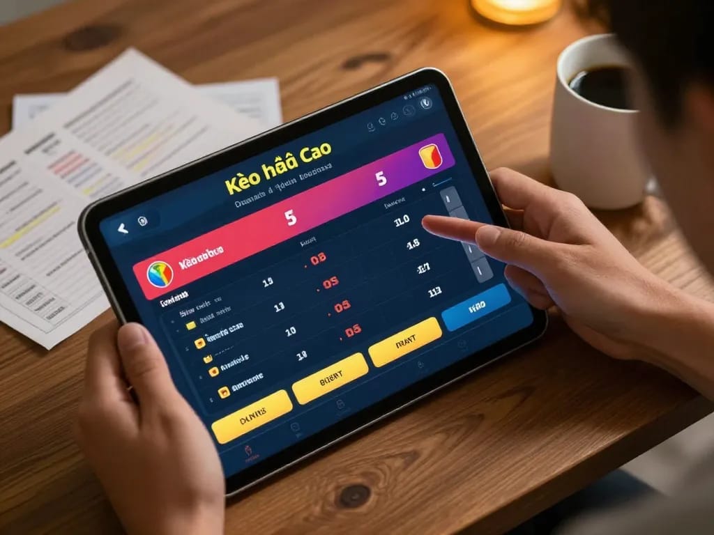 Kèo nhà cái 5 displayed on tablet as user analyzes betting options in cozy home setting