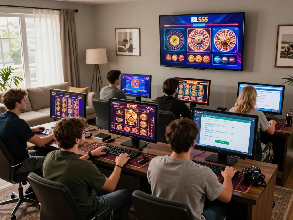 BL555 online gambling scene featuring players engaged with various casino games on devices in inviting atmospheres.
