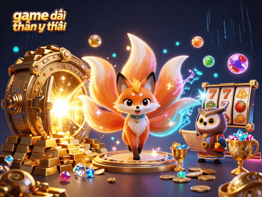 Win big at game đổi thưởng uy tín with an enchanting scene featuring a mystical fox, wise owl, and vibrant game elements.