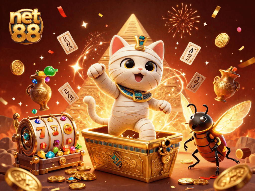 Engage with net 88 as an Egyptian mummy cat bursts into a jackpot at a vibrant casino.