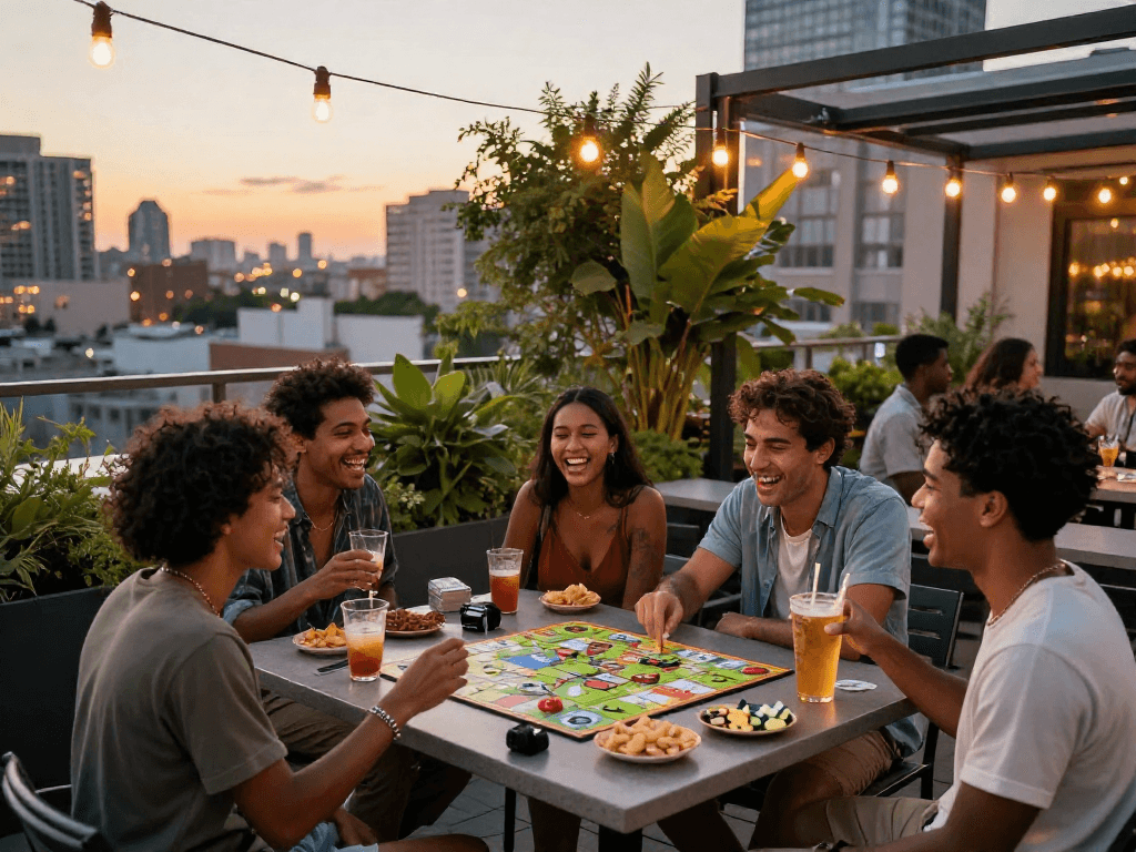 Friends enjoying an NSFW-themed gathering on a rooftop, vibrant urban setting.