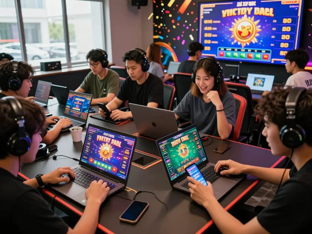 Players engaging in an exciting tài xỉu online game with vibrant interfaces and celebratory elements.