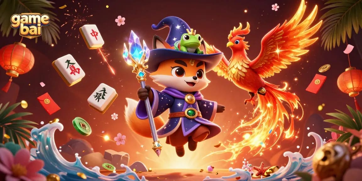 Engage with game bai in a vibrant 3D illustration featuring a wizard fox and a phoenix amidst magical casino elements.