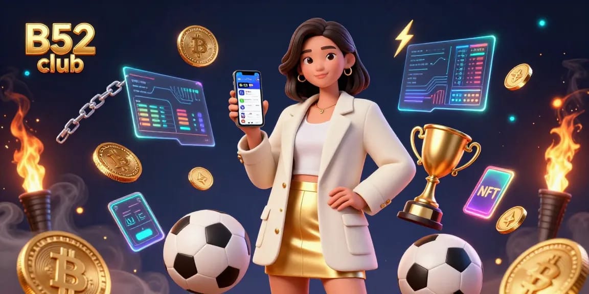B52 club players winning big with a vibrant casino scene featuring dynamic sports betting action and glowing crypto elements.