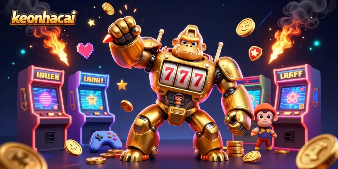 keonhacai reveals a dynamic 3D gorilla mech surrounded by colorful casino arcade elements.