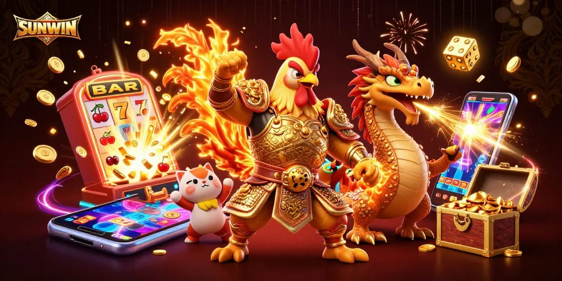 SUNWIN ignites excitement with a golden samurai rooster and dragon hatchling in a vibrant casino scene.