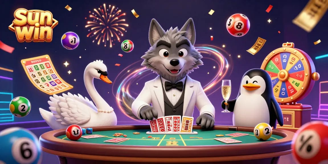 Win big with Sun win in this vibrant 3D casino illustration showcasing a lively gaming scene.