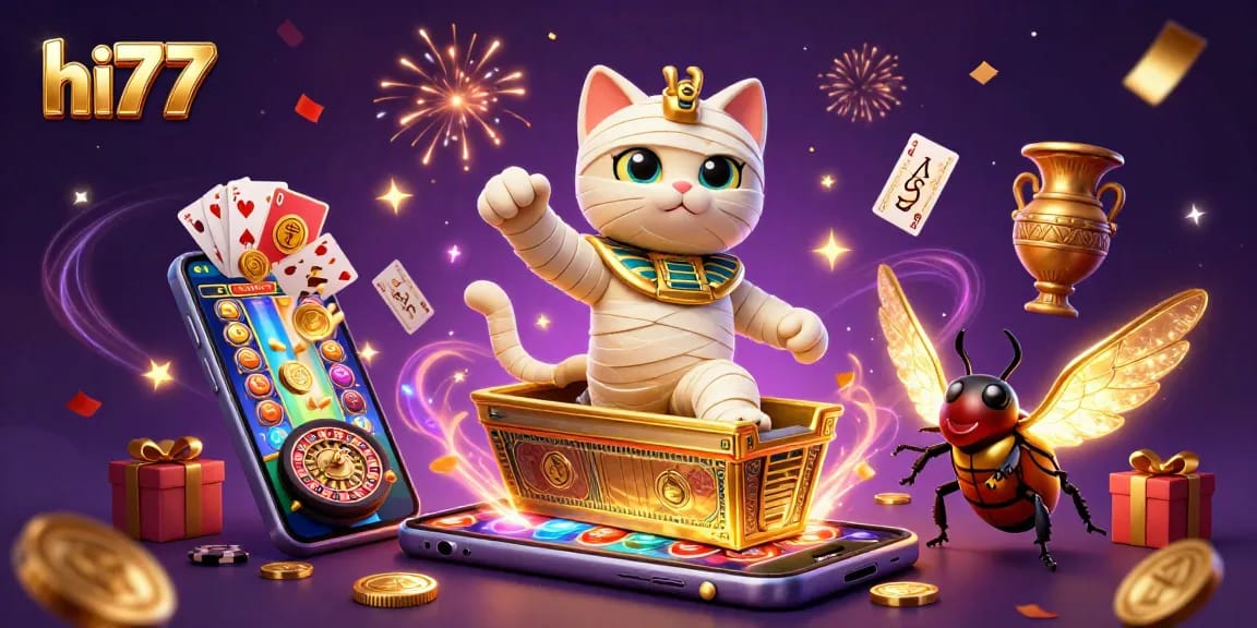Experience thrilling wins at hi77 with a fun 3D casino illustration featuring a mummy cat and glowing scarab!