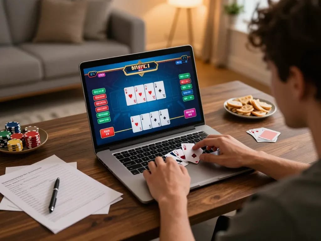 Engaging online poker session with bbl5555 on a laptop in a cozy home setting.