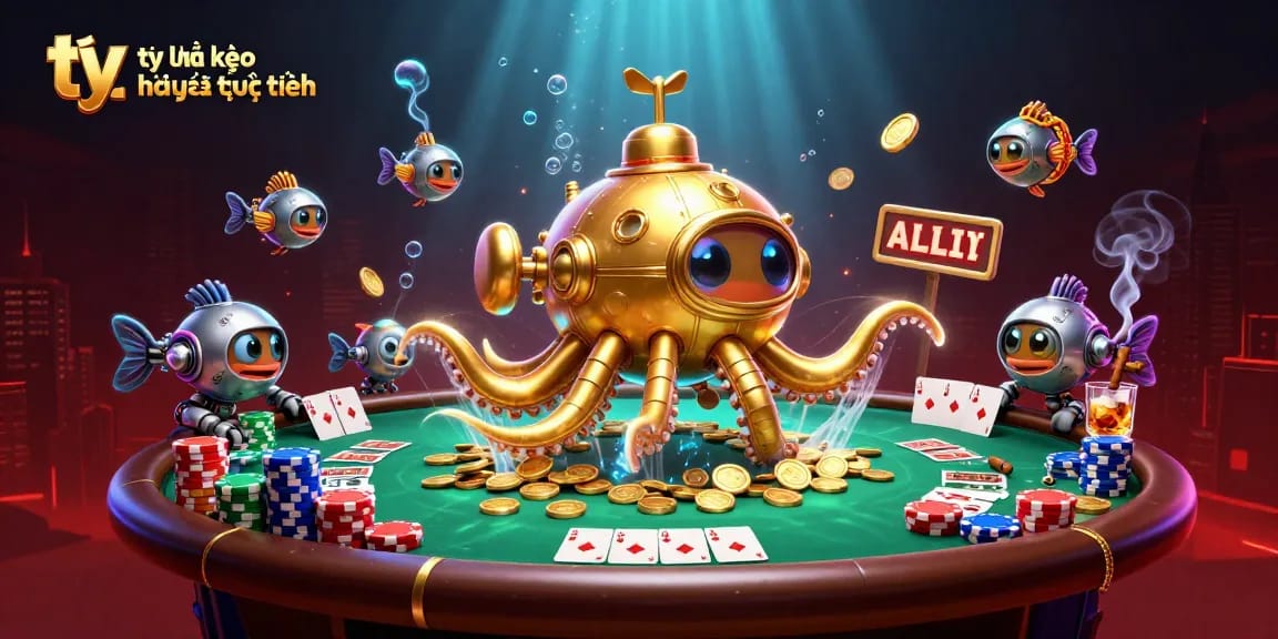 Engage with tỷ lệ kèo nhà cái trực tuyến as a golden kraken submarine navigates a vibrant casino scene.