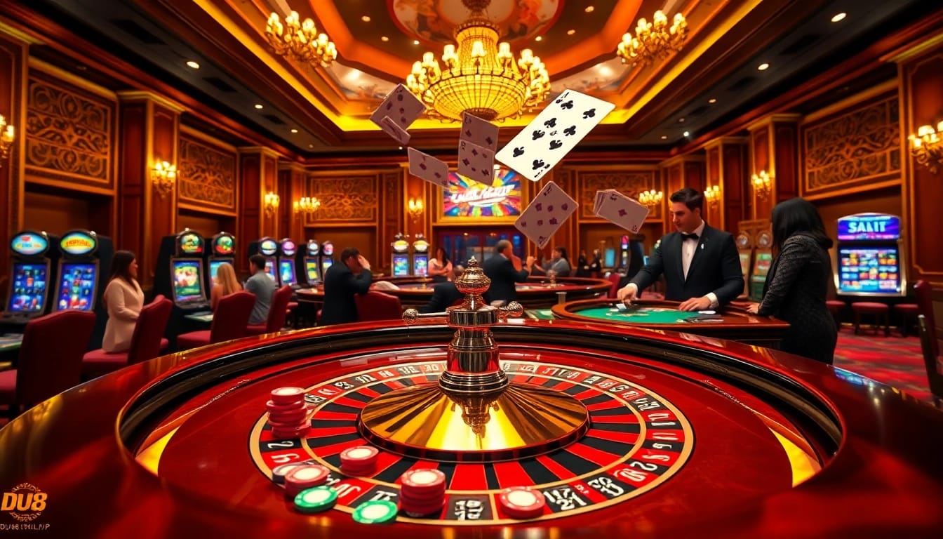 Experience the excitement of gambling at https://du88.help/ in a vibrant casino scene showcasing roulette and enthusiastic players.