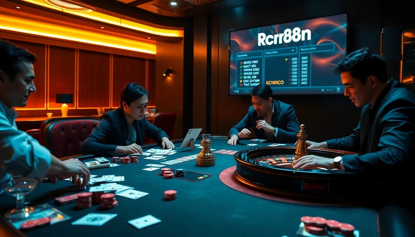 Experience the thrill of gaming at rr88com with a luxurious casino scene featuring intense gameplay, poker chips, and a roulette wheel.