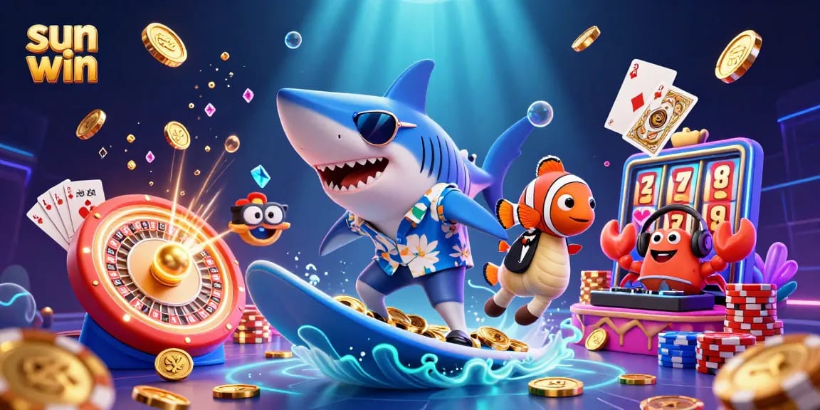 Engage with sun win's vibrant casino adventure featuring a shark surfing gold coins and colorful game elements