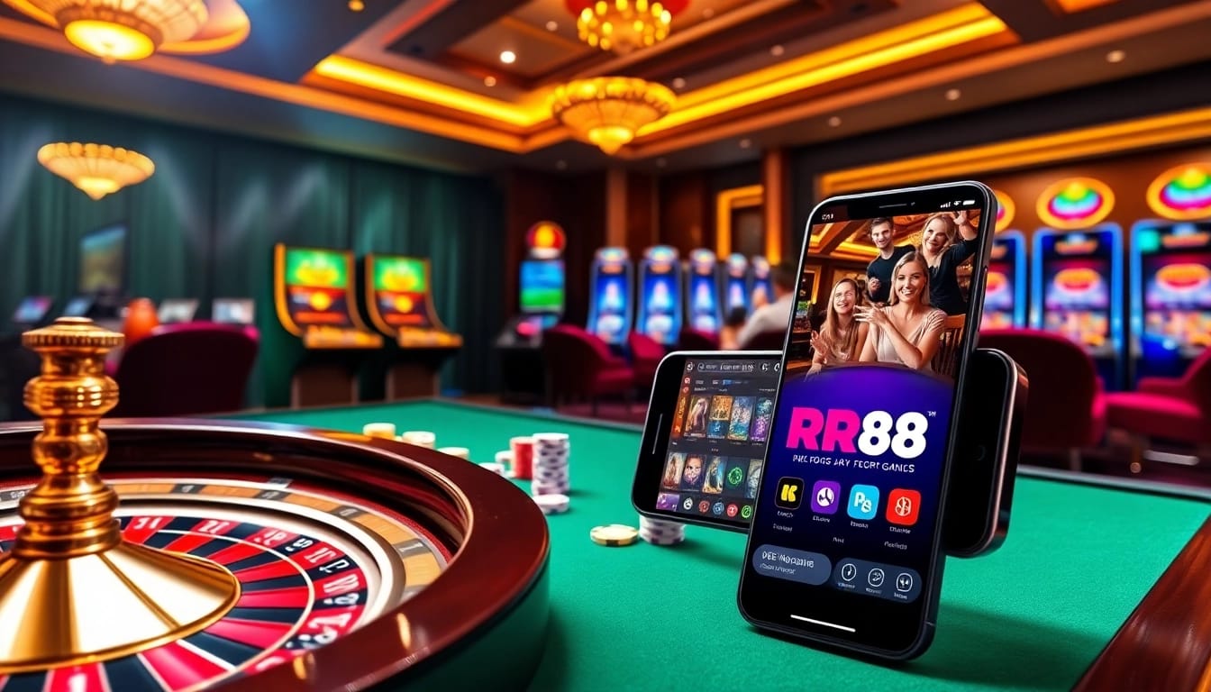 Experience thrilling gameplay with RR88 apk, showcasing engaging casino activities and vibrant poker chips.