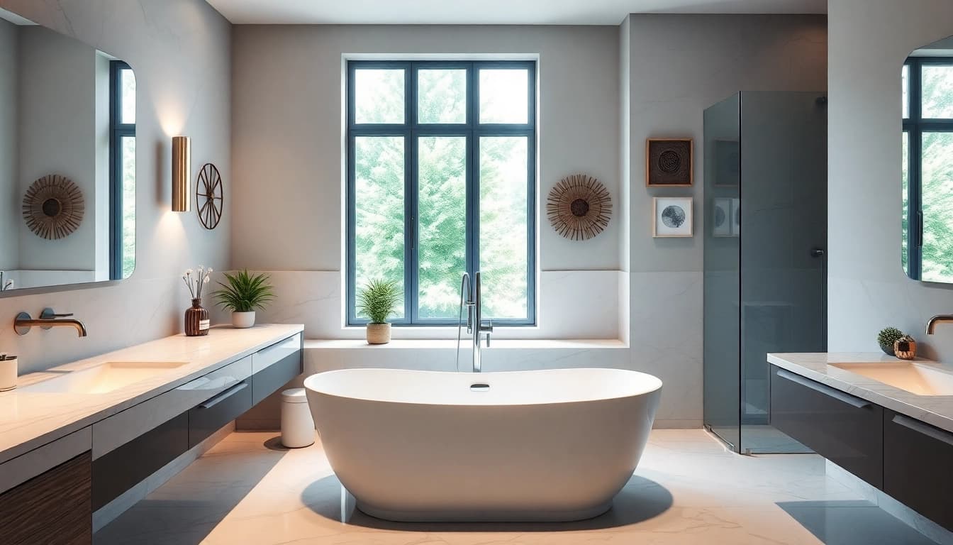 Beautiful bathroom renovations manchester highlighting a luxurious freestanding bathtub and modern fixtures.