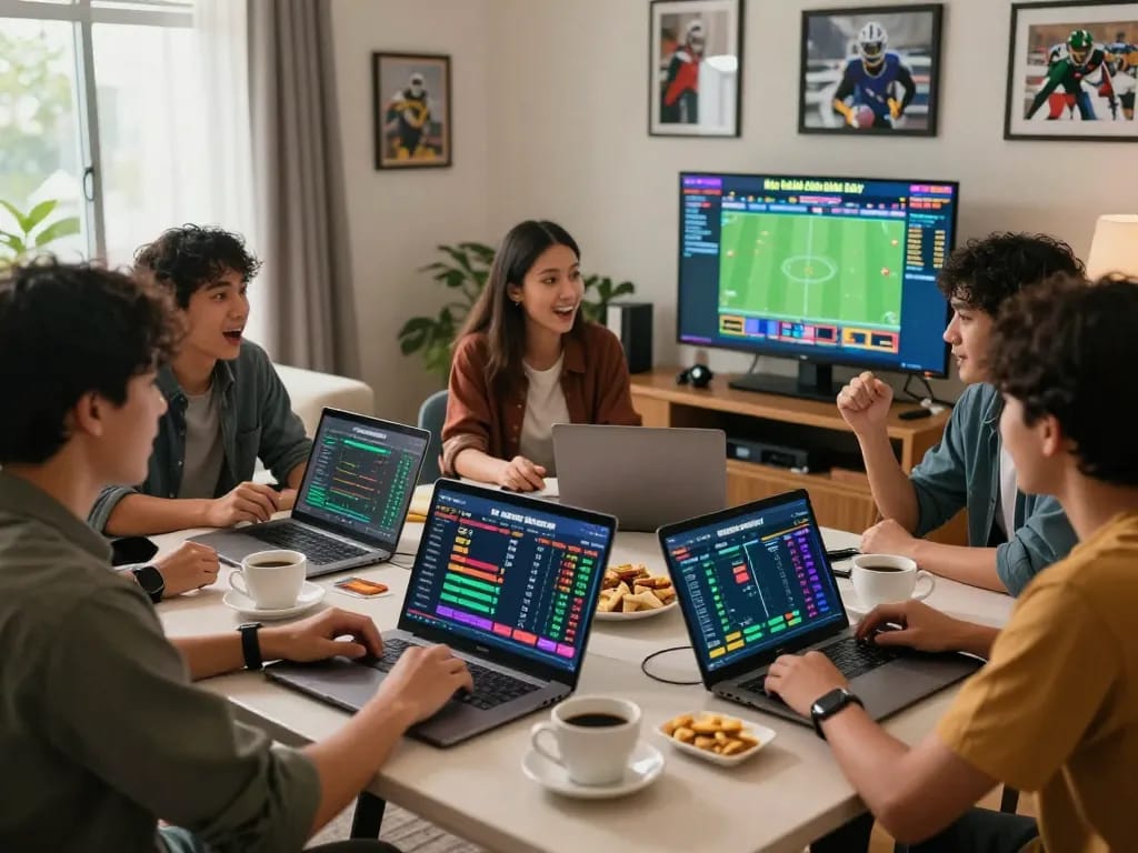 Engaged bettors analyzing kèo nhà cái hôm nay with screens showing accurate sports odds
