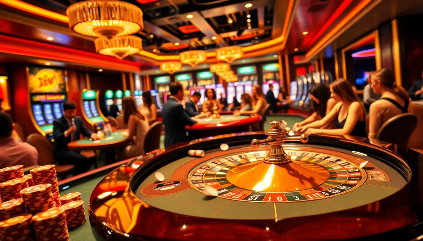 Engaging casino players at https://okfun.jpn.com/ with vibrant roulette and slot machines, creating an exciting atmosphere.