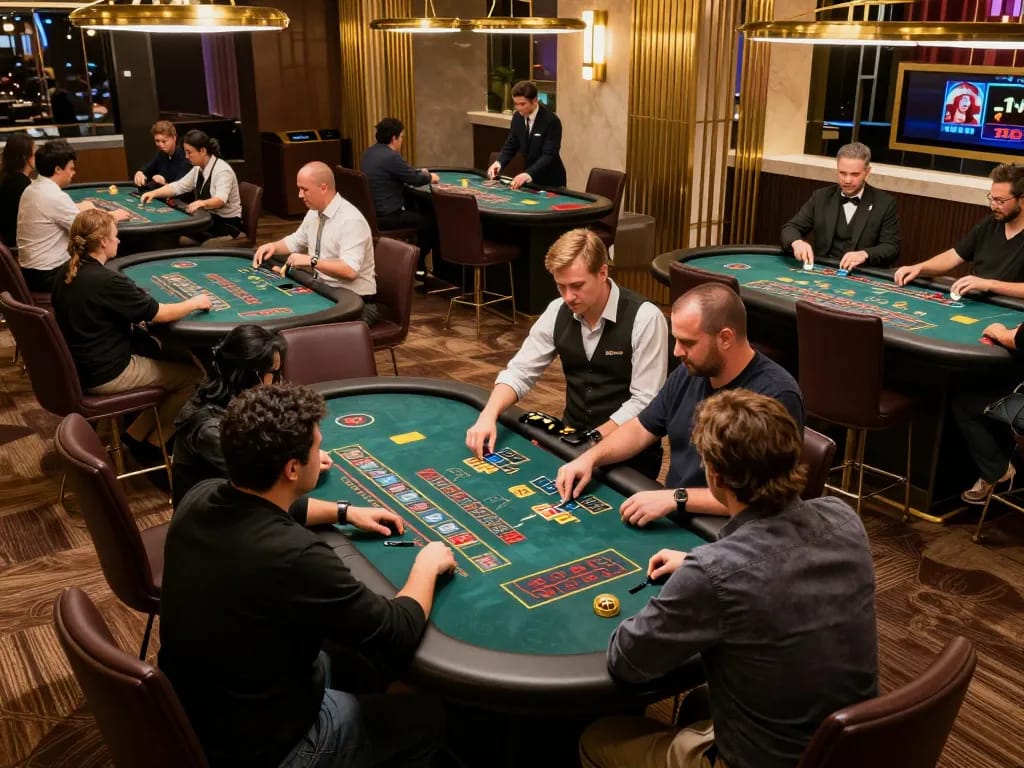Tg88 players engaged in intense blackjack gameplay inside a luxurious casino.
