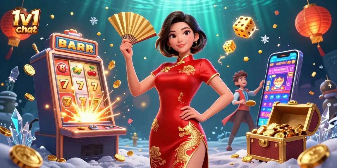 Engage in 1v1 chat with this vibrant casino-themed illustration showcasing a lively scene.