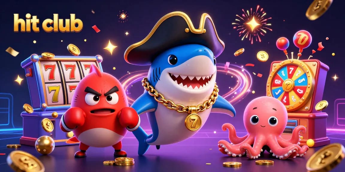 Win big at hit club with exciting slot elements and vibrant 3D characters in this playful illustration.