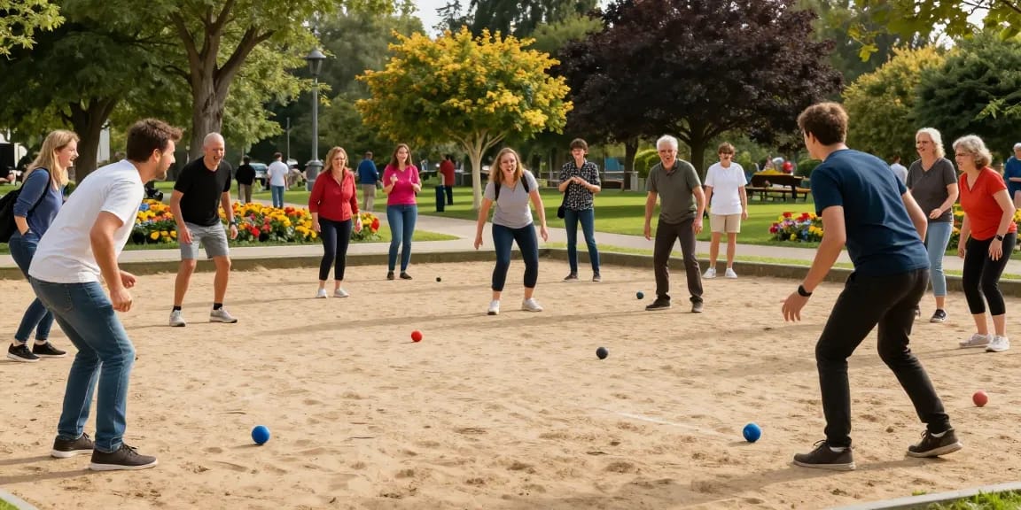 Community petanque players enjoying a game in sunlit park, representing the spirit of fopikotaparepare.org.